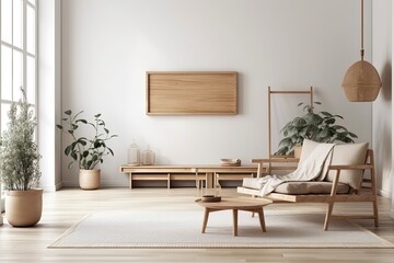 Blank wall mockup in house interior backdrop, white room with natural wooden furnishings, Scandi Boho style,. Generative AI