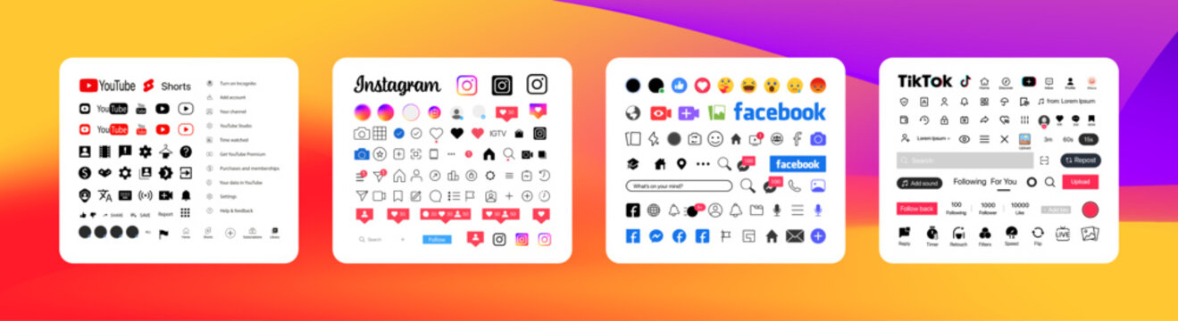 Instagram, Facebook , Tik Tok, YouTube buttons icon. Set screen social media and social network interface template. Stories, symbol, sign logo. Editorial