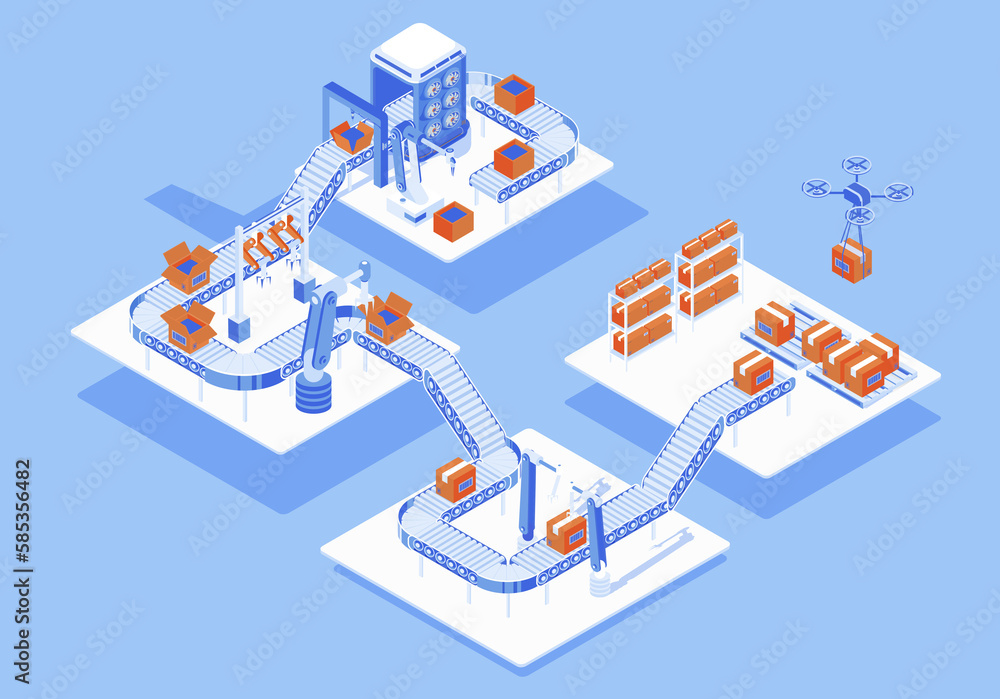 Aufkleber Automated industry concept 3d isometric web people scene with infographic. Robotic arms working in assembly line, sorting and packing, shipment by drone. Illustration in isometry graphic design