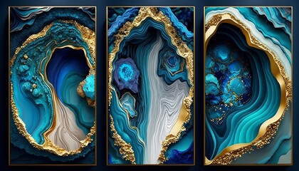 Golden and turquoise liquid marble, wall frames, wallpaper. AI generated.