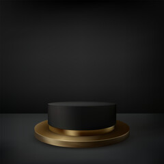 Podium for display or promotion of goods. Black and gold round podium.