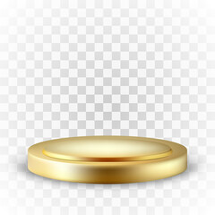 Golden round podium with shadow on transparent background.Stage for product display and promotion.