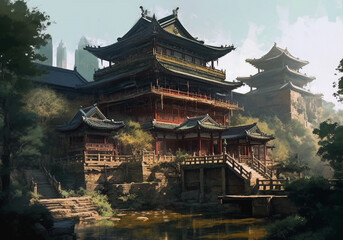 Oil painting of ancient architecture of Chinese civilization. The buildings used bright colors, vermilion fir pillars, glaze roof tiles and decorative parts such as the bracket under the eaves.
