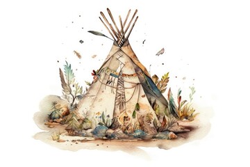 Watercolor indigenous teepee, tent, and arrow. Native American boho jewelry. Arrows, feathers, Native teepee. Child illustration. Generative AI