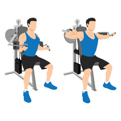 Man doing Seated Lateral raise machine. Power partials exercise.