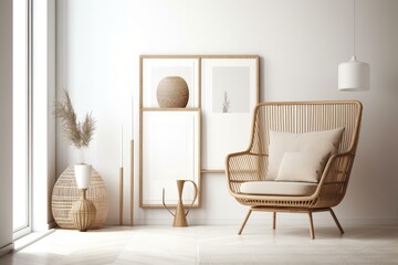 Empty picture frame on contemporary living room white wall. Scandi boho interior mockup. Picture copy space. Rattan armchair, wooden console. Generative AI