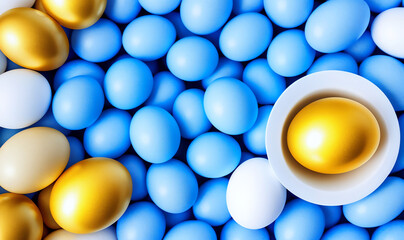 Spread on a blue background, the white and yellow eggs create an interesting composition. The contrast between the white and yellow eggs catches the eye. Generative AI