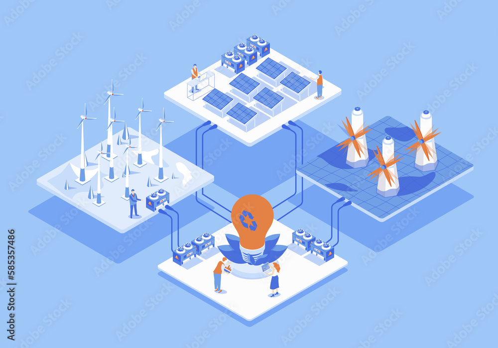 Fototapete green energy concept 3d isometric web scene with infographic. people working at alternative energy s
