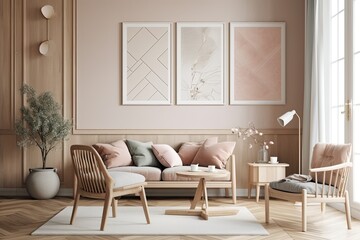 Scandi style wall mockup with indoor backdrop, soft pastel hues. Generative AI