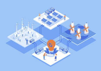 Green energy concept 3d isometric web scene with infographic. People working at alternative energy sources generation with solar panels, wind turbines. Illustration in isometry graphic design