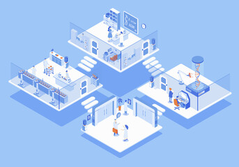 Laboratory concept 3d isometric web scene with infographic. People at secure entrance, doing research in genetics, biochemistry and other departments. Illustration in isometry graphic design