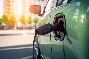 Close up charging an electric car battery, new technology EV Electical Vehicle. Generative AI