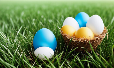 A basket full of colorful eggs, placed on green grass. The composition of the eggs in the basket with the grass creates a joyful, cheerful mood, reminding us of the upcoming holidays. Generative Ai