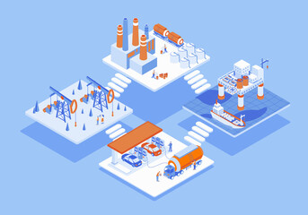 Oil industry concept 3d isometric web scene with infographic. People working at onshore and offshore oil fields, refinery plants process, gas station. Illustration in isometry graphic design - obrazy, fototapety, plakaty