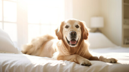 A heartwarming and cozy photograph of a happy Golden Retriever, lounging on pristine white bed sheets, basking in the warmth of a sunlit room. 