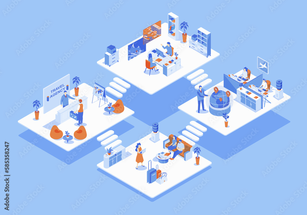 Aufkleber Travel agency concept 3d isometric web scene with infographic. People at reception hall and waiting room, operators work and tour selection in office. Illustration in isometry graphic design