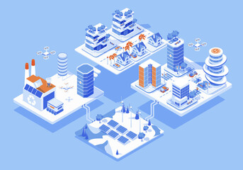 Smart city concept 3d isometric web people scene with infographic. Urban infrastructure with industrial, electricity, business and residential areas. Illustration in isometry graphic design