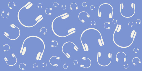 Lots of Random Sized and Placed Headset Icons Texture on Blue Wide Scale Vector Background - Design for Websites, Placards, Posters, Brochures - White Headphones Pattern, Listening to Music Concept