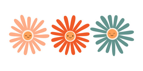Set of Colorful Smiling Flower Heads  Isolated on White Background - Cute Cartoon Characters Clip-Art - Vector Illustration