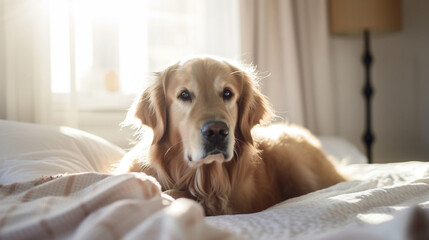 A heartwarming and cozy photograph of a happy Golden Retriever, lounging on pristine white bed sheets, basking in the warmth of a sunlit room. 