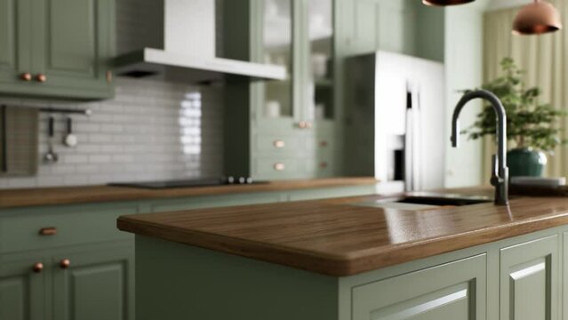 Green kitchen interior with island. Stylish kitchen with wooden worktop.