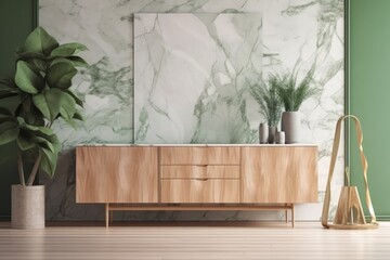 White green Japanese living room. Wooden dresser with wall mockup. Marble floor, panorama, wallpaper mockup. Modern decor,. Generative AI