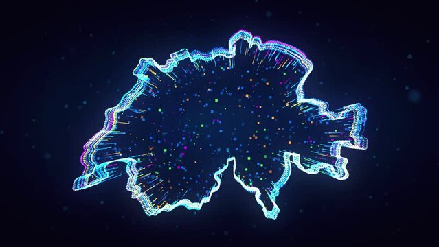 Blue Sweet Colorful Shiny Switzerland Map 3d Lines Effect With Square Dots Particles Motion Reveal On Dark Blue Glitter Dust Background, 5-15 Sec Seamless Loop