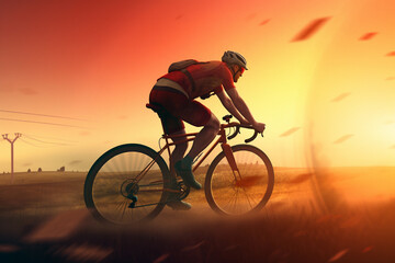 Fototapeta na wymiar Illustration of a cyclist riding a bike into a sunset, digital art style poster. Generative AI