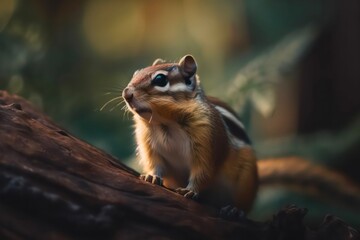 Little chipmunk on the tree branch in the forest. Scene of wild nature. Generative AI.