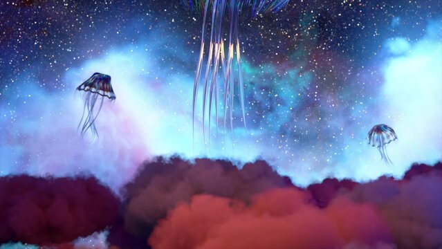 Abstract space concept. Diamond jellyfish swim out of the clouds on a blue pink space background. Starry sky. Fog 