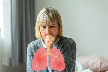 Sick senior women touching neck unwell coughing with sore throat pain,lung...