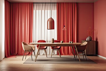 Minimalist modern red toned wooden dining room with table, chairs, drapes, and parquet floor. Copyspace mockup. Modern decor,. Generative AI