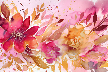 Hot pink and gold floral background, Watercolor, Whimsical and cheerful, Bright lighting with warm colors Watercolor design graphic, vector, contour, white background. Generative Ai