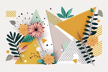 Trendy memphis style floral background with geometric shapes, minimalistic flowers and leaves with empty space for text on white background