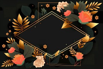Trendy memphis style floral background with geometric shapes, minimalistic flowers and leaves with empty space for text on black background