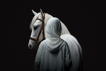 White Horse of Hazrat Abbas, Muharram, Ashura, Ashhal, Isolated Black Background, Generative Ai