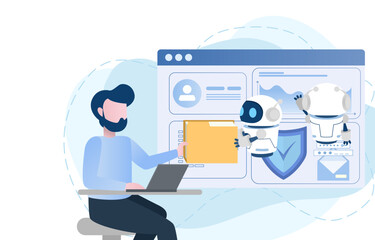 Human and a robot sharing a document and working together to develop and manage their work to success. Flat vector illustration with copy space.