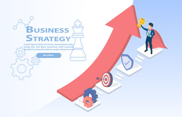 Super boss is standing on top of a stage, holding a trophy. Concept of a successful and accomplished leader achieve the company's goals and objectives. Isometric vector illustration.
