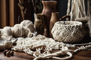 Fototapeta na wymiar Macrame. Cotton threads and macrame. Feminine hobby. Eco friendly contemporary knitting DIY natural home decorating. Cotton wall art. Generative AI