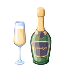 Bottle and glass with champagne, luxury alcohol drink with bubbles vector illustration. Cartoon closed bottle with cork and golden label, isolated sparkling alcoholic grape wine in clear wineglass