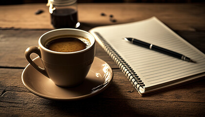 cup of coffee and notebook on a desk