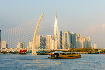 Beautiful sunset at 81 Ho Chi Minh Landmarks, the tallest building in Vietnam and the Cau Ba Son Bridge