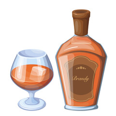 Brandy alcohol drink in snifter glass with ice cubes and bottle vector illustration. Cartoon strong liquor from distilled wine, isolated cold brown alcoholic beverage for tasting in bar or pub