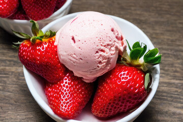 strawberry ice cream on bowl.