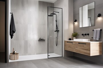 minimal design walk shower are simplicity, functionality, and clean lines with a focus on natural materials and subdued colors - Generated AI - obrazy, fototapety, plakaty