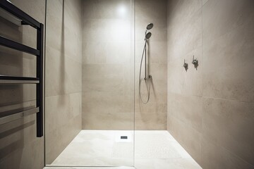 minimal design walk shower are simplicity, functionality, and clean lines with a focus on natural materials and subdued colors - Generated AI - obrazy, fototapety, plakaty