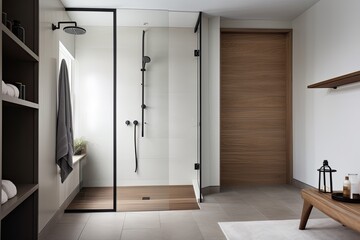 minimal design walk shower are simplicity, functionality, and clean lines with a focus on natural materials and subdued colors - Generated AI