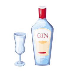 Gin in bottle and glass, distilled strong alcohol drink from bar menu vector illustration. Cartoon alcoholic ingredient for gin and tonic highball cocktail, isolated aperitif beverage for party