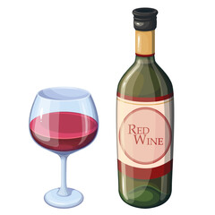 Red wine in glass and bottle, grape juice alcohol drink vector illustration. Cartoon wineglass goblet full of natural vine beverage from winery, isolated bottle with brand label and bright liquid