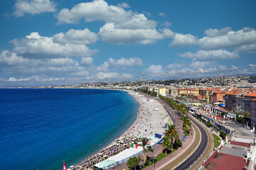 Beach and Promenade des Anglais in Nice France summer season